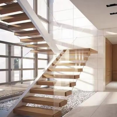 Villa Design Escada Flutuante Invisível Stringer de Aço Com Barranco de Vidro de Trecho de Madeira