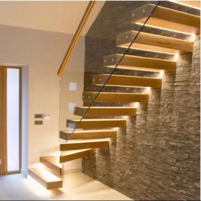 Escadaria flutuante de luz LED sólida personalizada com viga de aço oculta e barranco de vidro