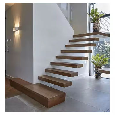 Escadaria flutuante de madeira de beech personalizada com grades de vidro e luzes LED
