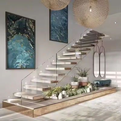 Escalão de madeira de carvalho vermelho Villa com elevador aberto Escalão flutuante com luzes